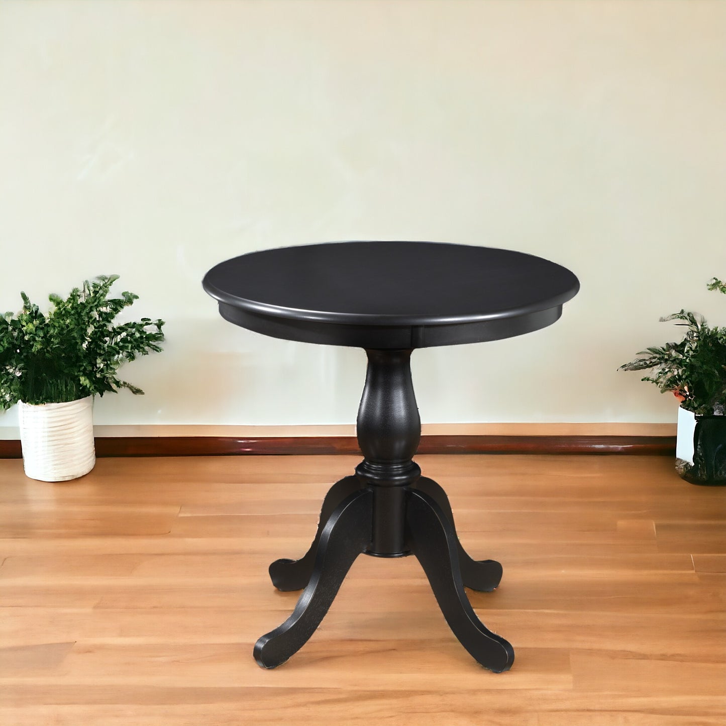 36" Black Rounded Solid Manufactured Wood And Solid Wood Pedestal Base Dining Table