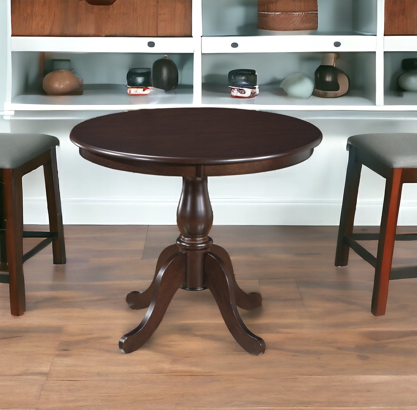 36" Espresso Rounded Solid Manufactured Wood And Solid Wood Pedestal Base Dining Table
