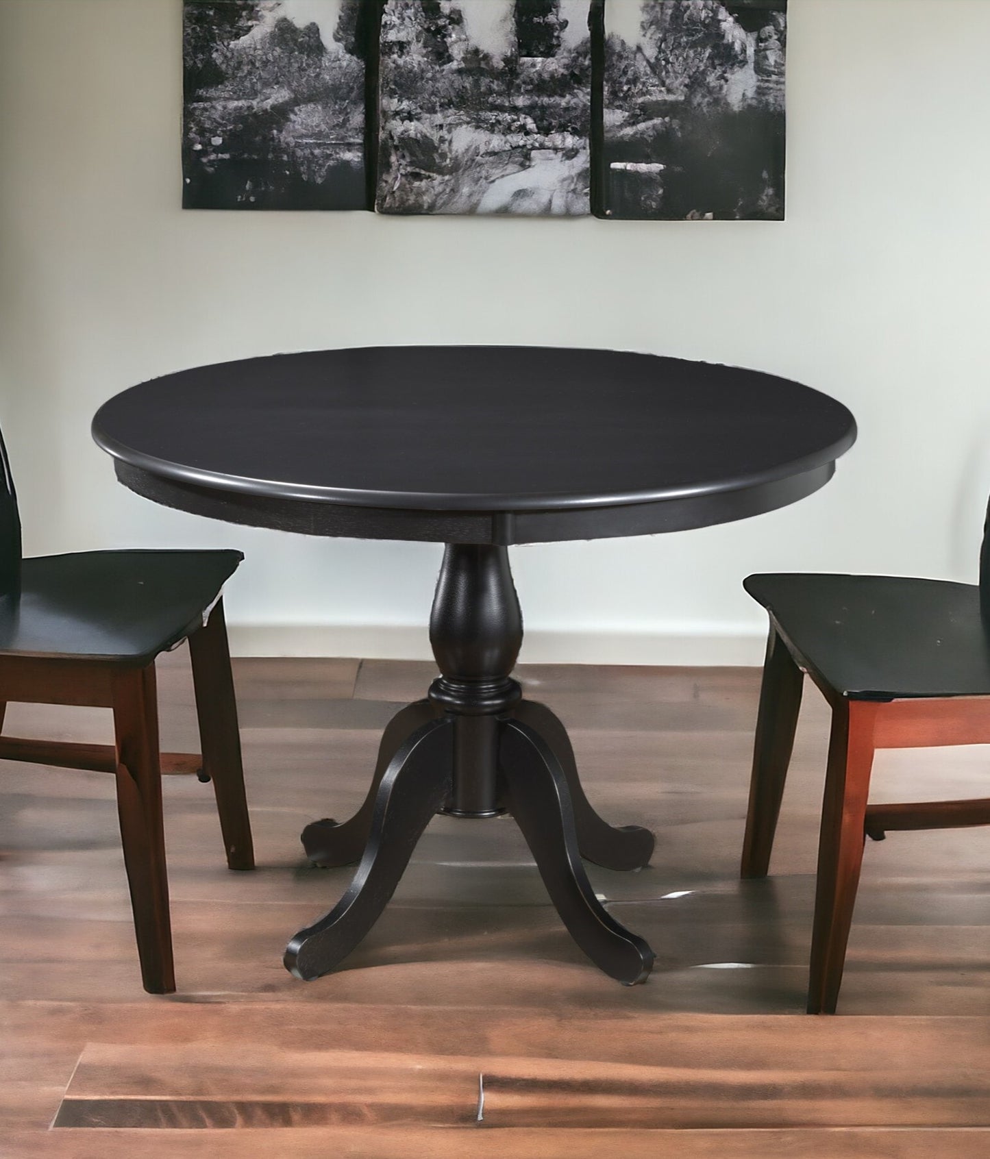 42" Black Rounded Solid Manufactured Wood And Solid Wood Pedestal Base Dining Table