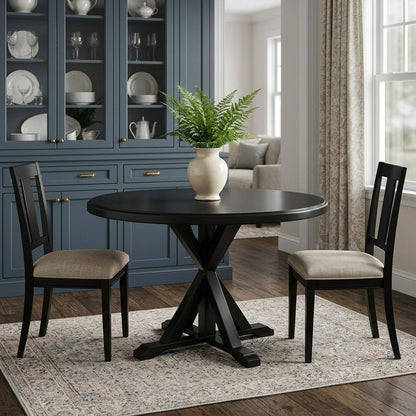 48" Black Wood Pedestal Base Round Top Dining Table