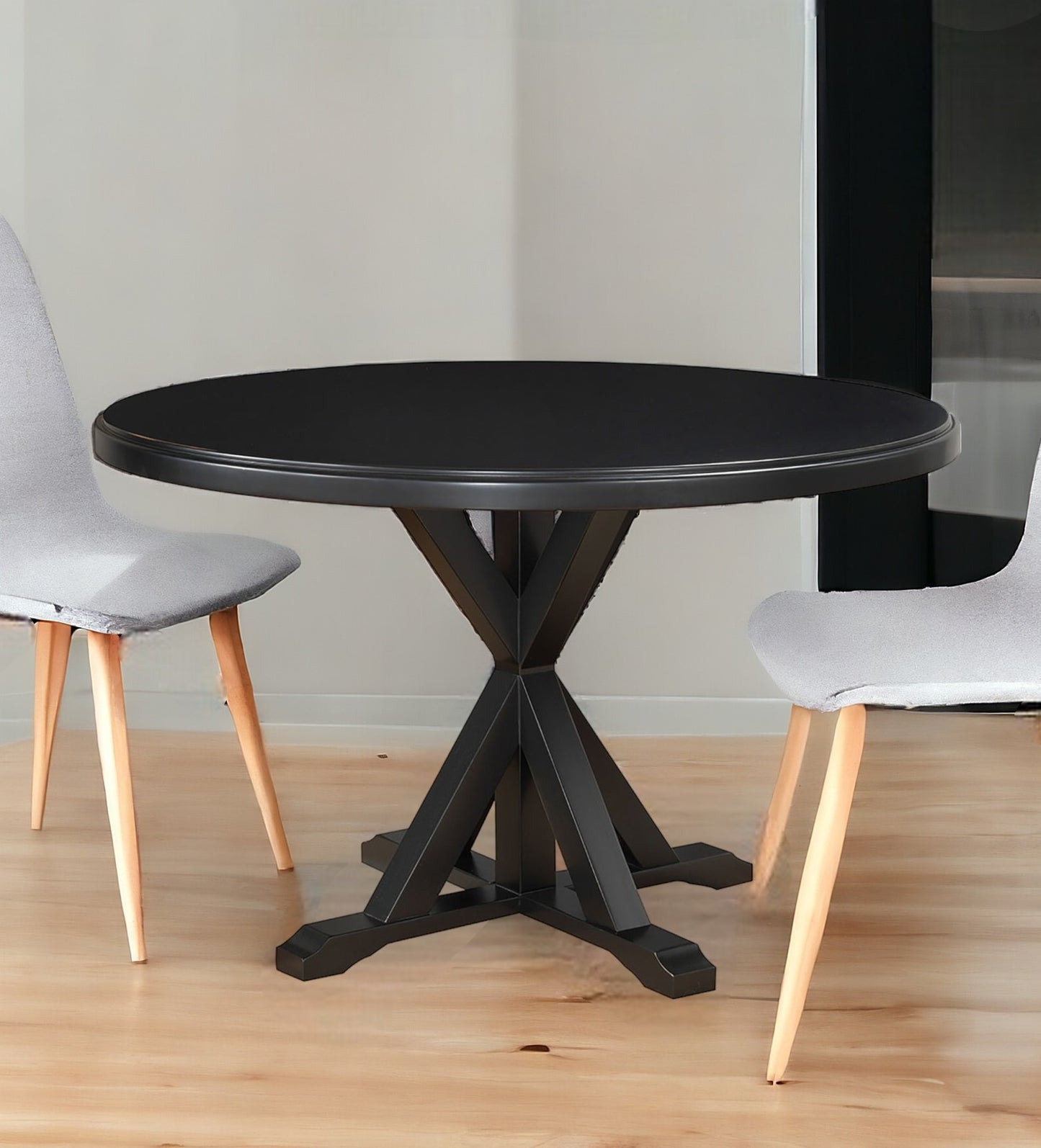48" Black Rounded Solid Manufactured Wood And Solid Wood Pedestal Base Dining Table