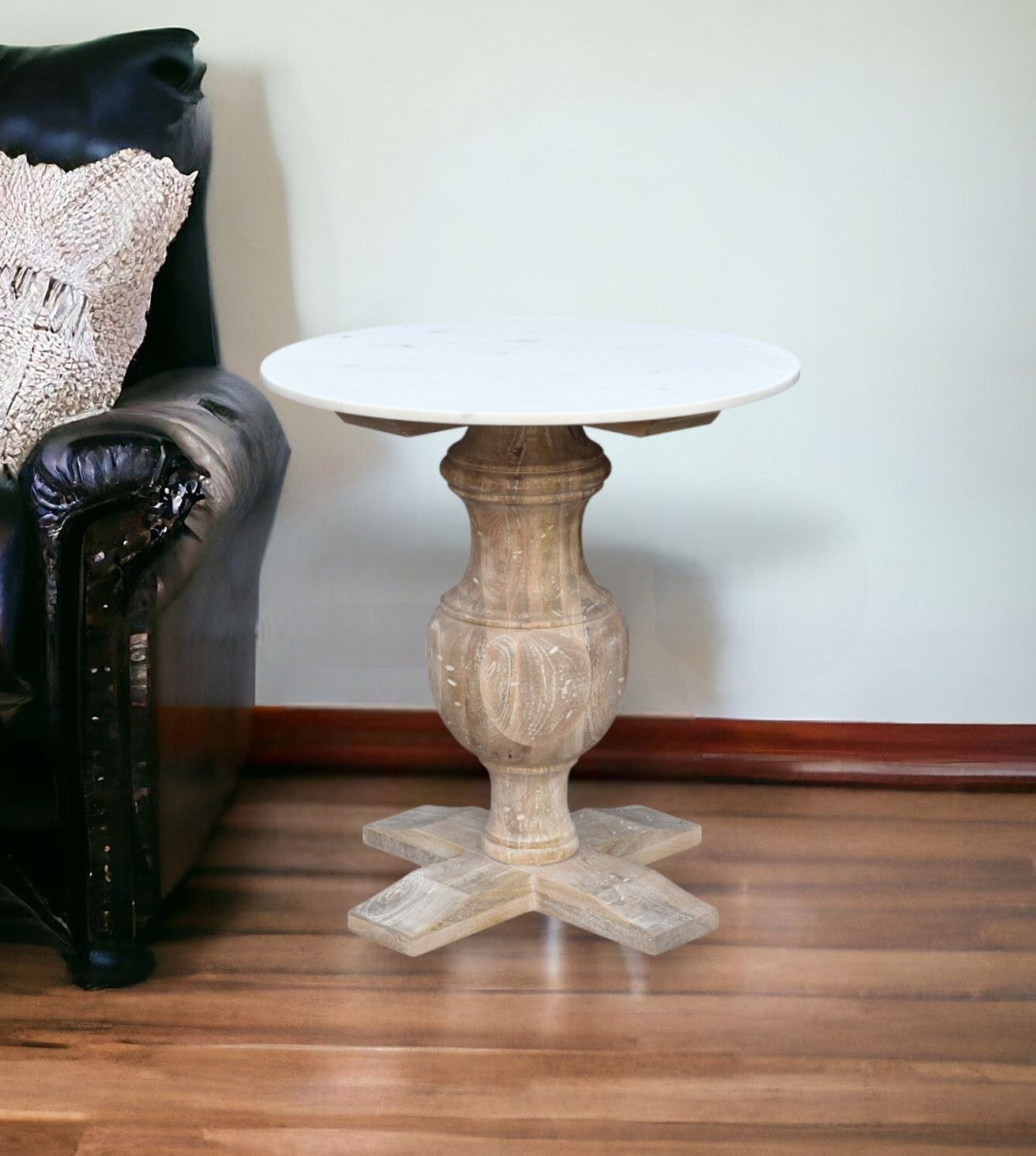 26" Brown Marble And Solid Wood Round End Table