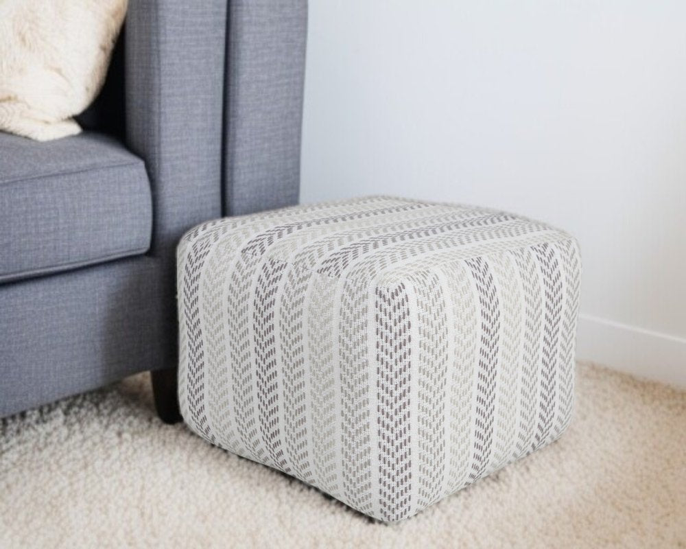 18" Gray And White Cotton Chevron Pouf Ottoman