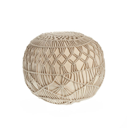 20" Cream Cotton Tufted Round Geometric Pouf Ottoman
