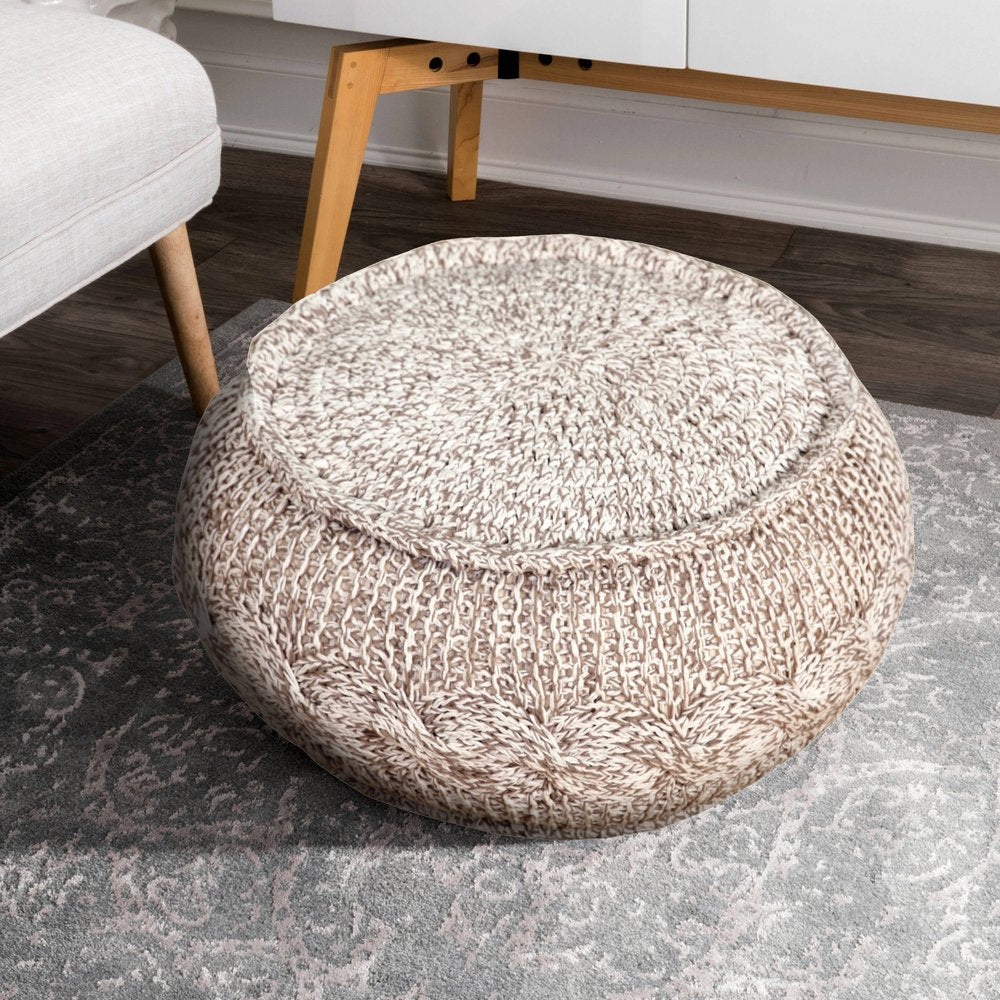 20" Beige Cotton Round Geometric Pouf Ottoman