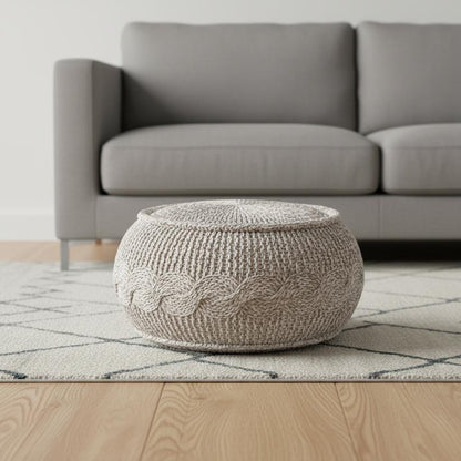 20" Beige Cotton Round Geometric Pouf Ottoman