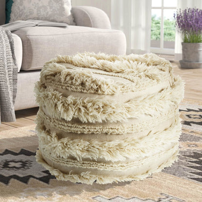 18" Ivory Cotton Round Striped Pouf Ottoman