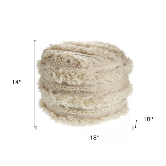 18" Ivory Cotton Round Striped Pouf Ottoman