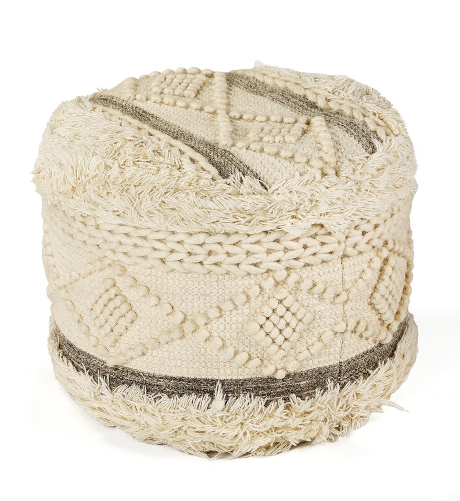 18" Cream Wool Cotton Blend Round Geometric Pouf Ottoman
