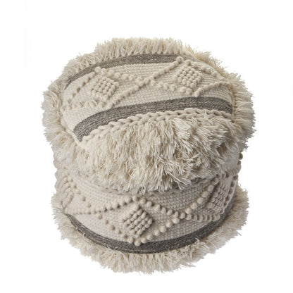 18" Cream Wool Cotton Blend Round Geometric Pouf Ottoman