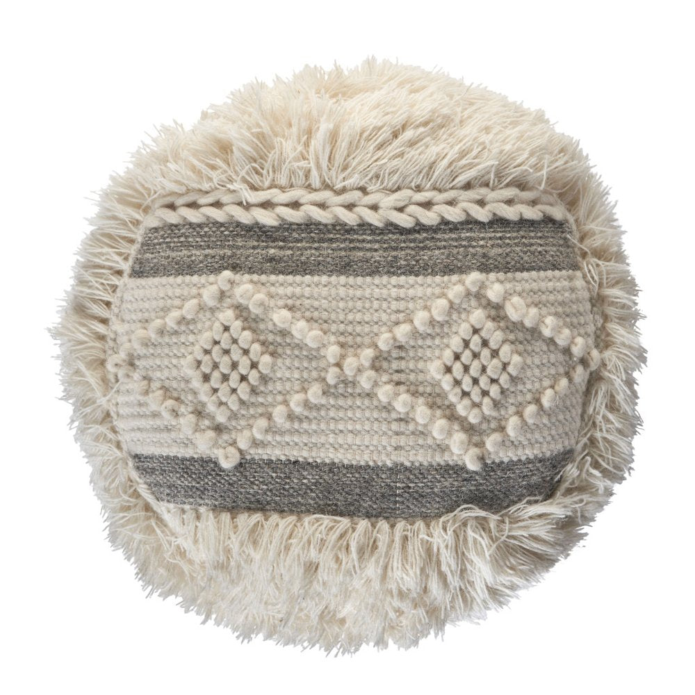 18" Cream Wool Cotton Blend Round Geometric Pouf Ottoman