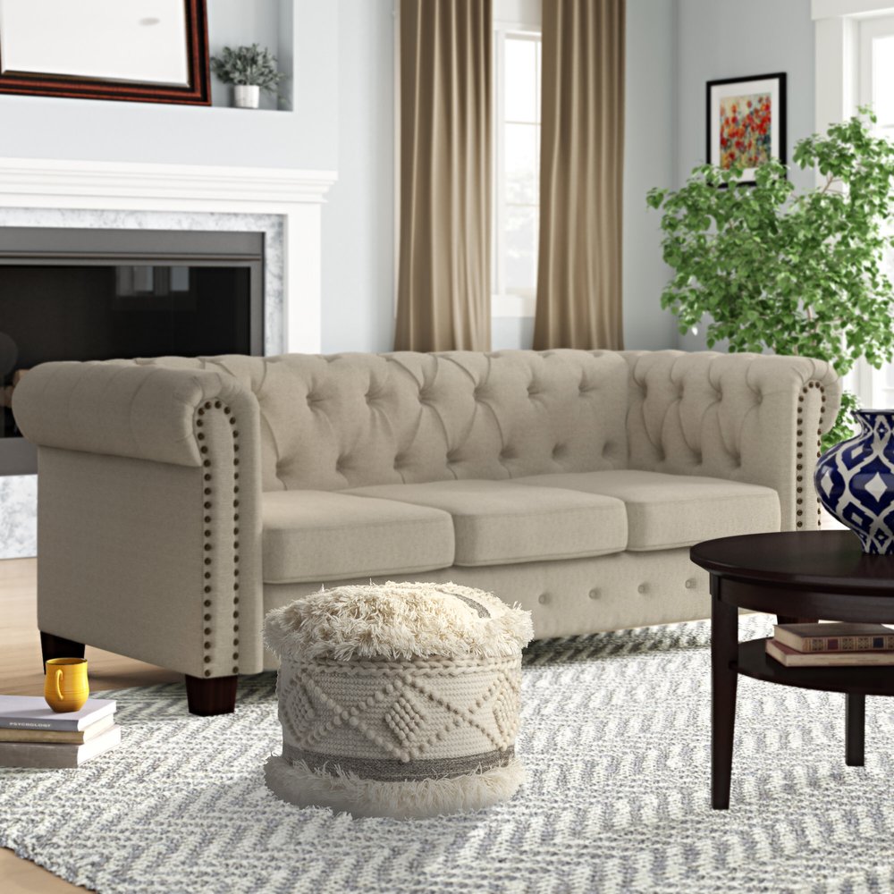 18" Cream Wool Cotton Blend Round Geometric Pouf Ottoman