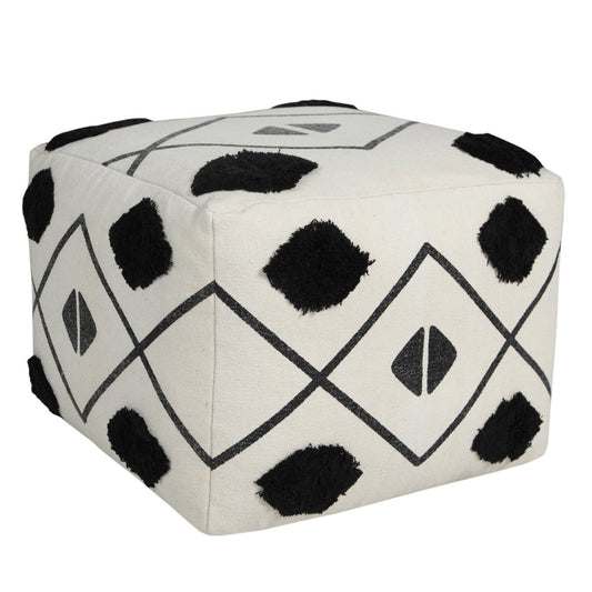18" White Cotton Geometric Pouf Ottoman