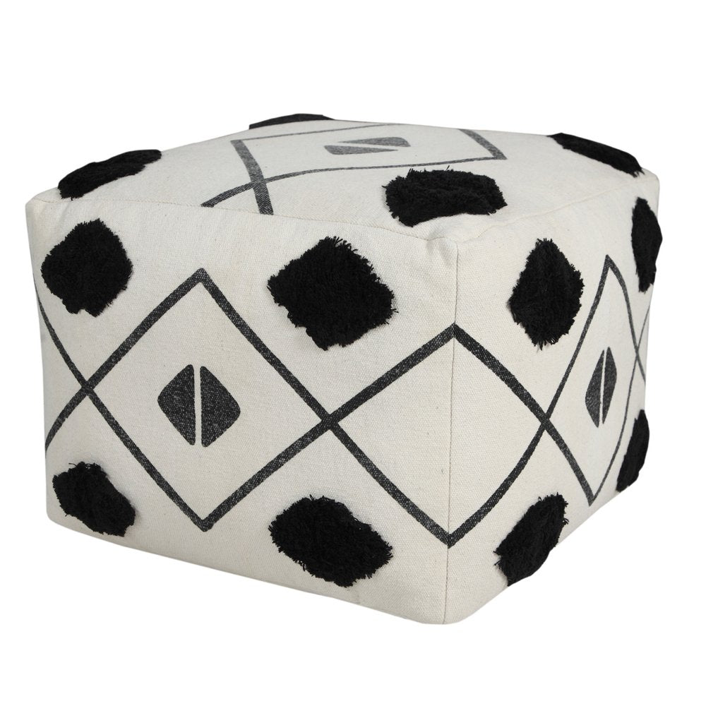 18" White Cotton Geometric Pouf Ottoman