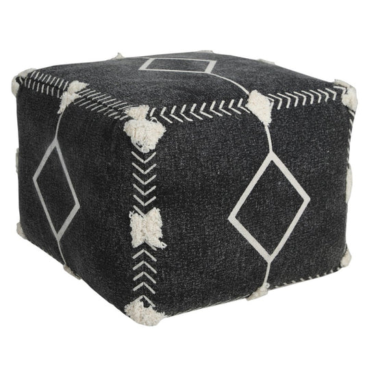 18" Black Cotton Geometric Pouf Ottoman