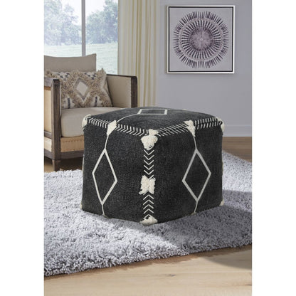 18" Black Cotton Geometric Pouf Ottoman