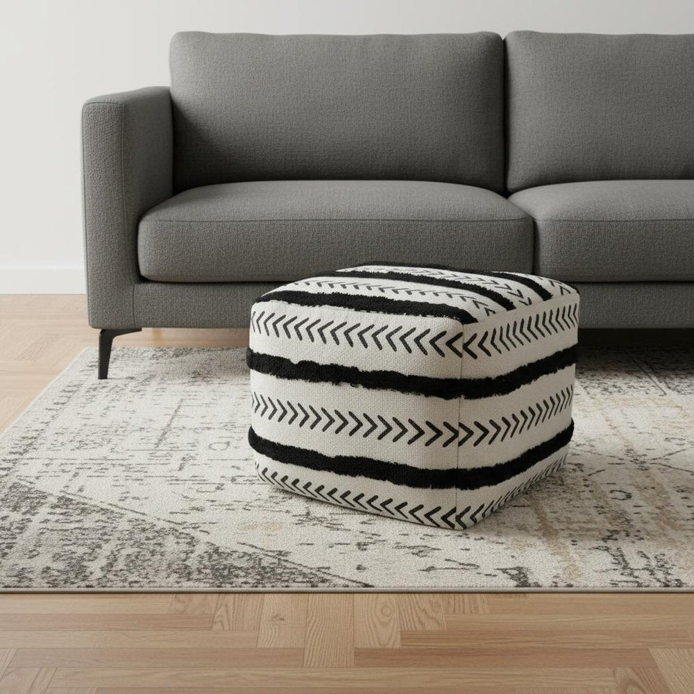 18" White Cotton Striped Pouf Ottoman
