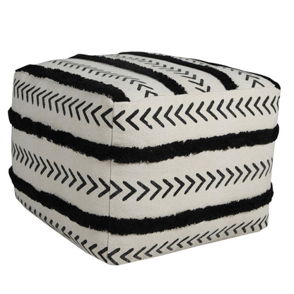 18" White Cotton Striped Pouf Ottoman