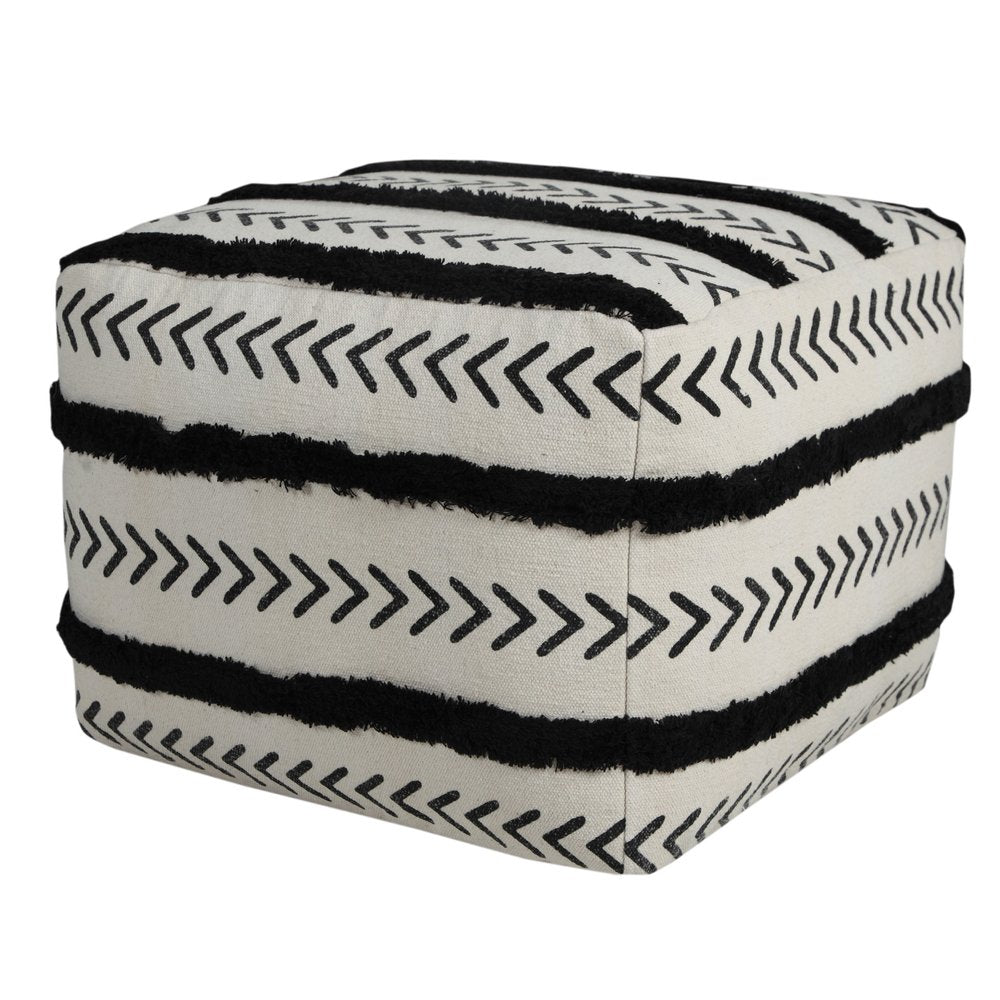 18" White Cotton Striped Pouf Ottoman