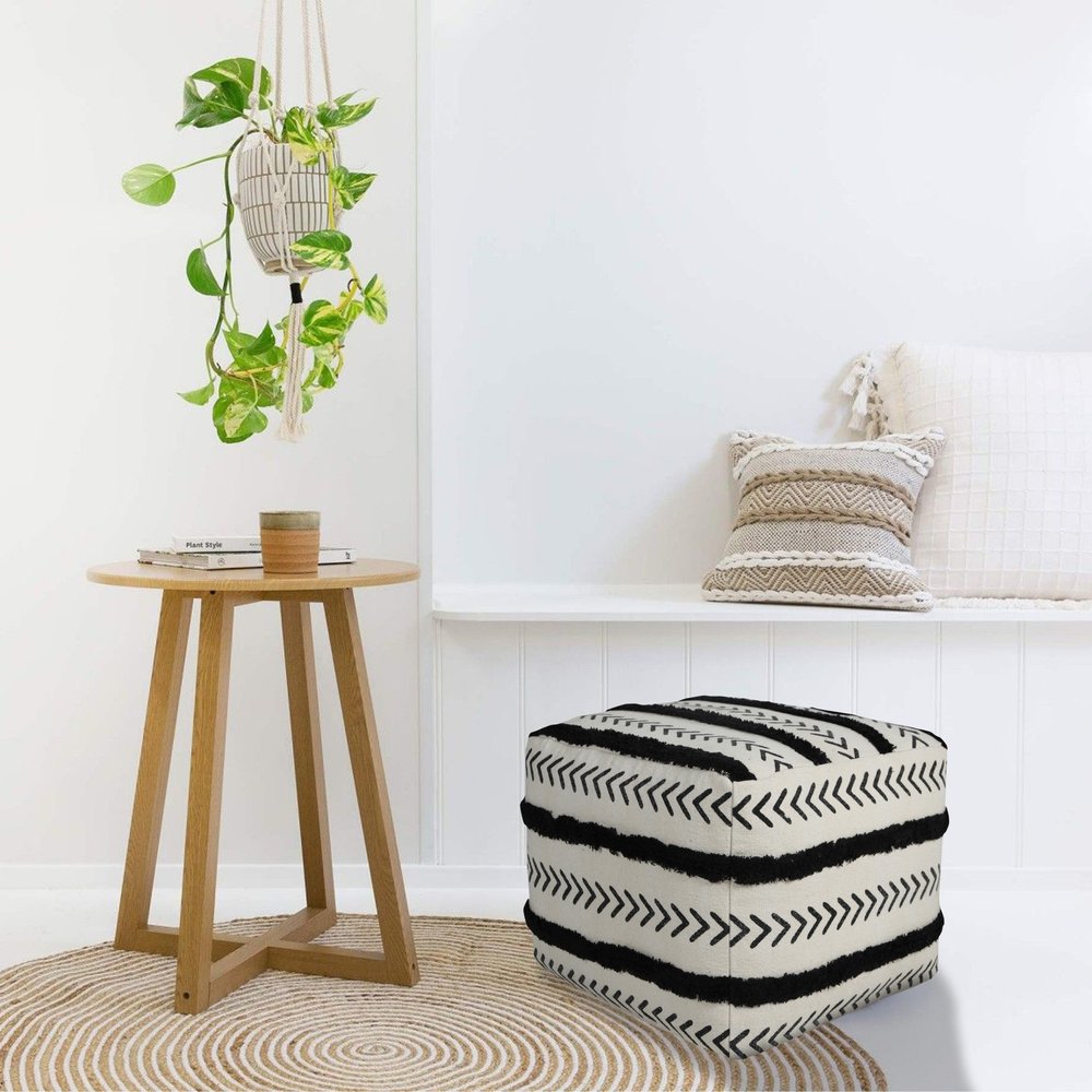18" White Cotton Striped Pouf Ottoman