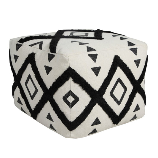 18" White Cotton Geometric Pouf Ottoman