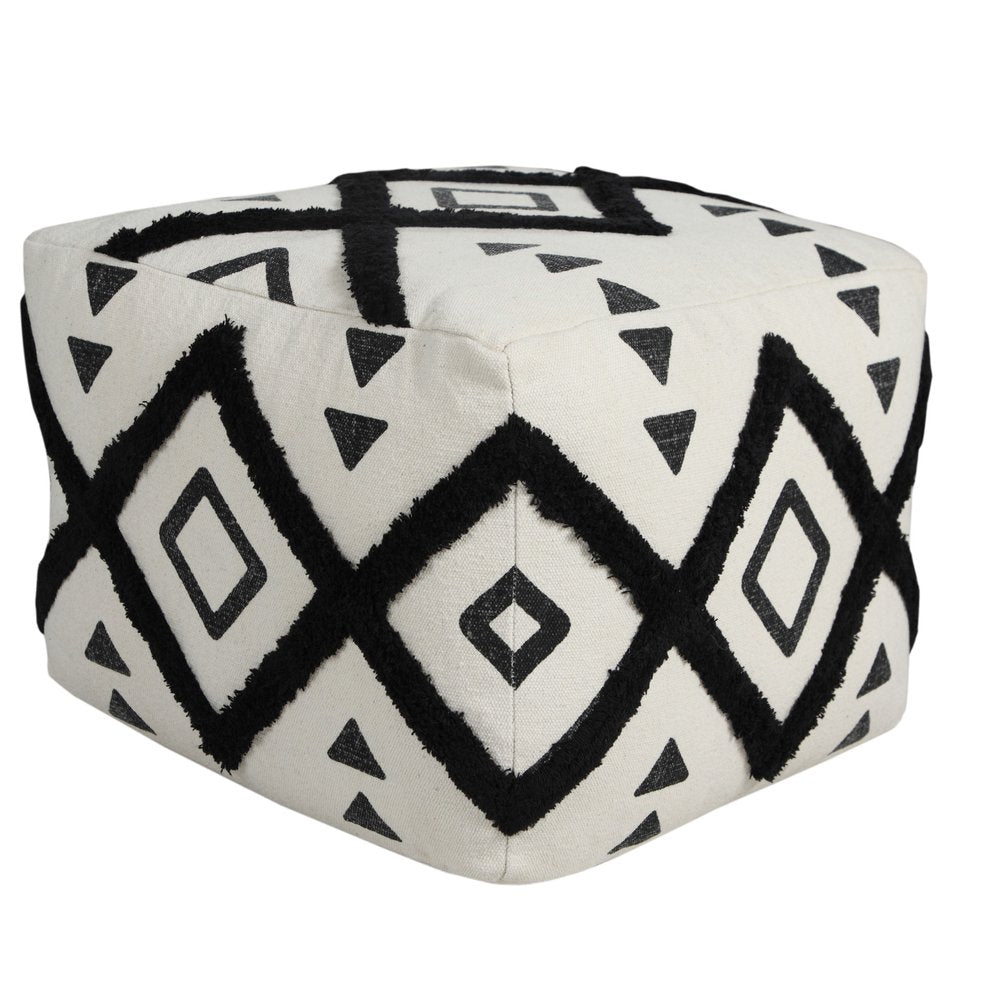18" White Cotton Geometric Pouf Ottoman