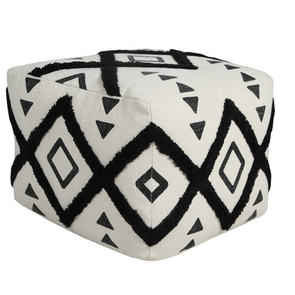 18" White Cotton Geometric Pouf Ottoman