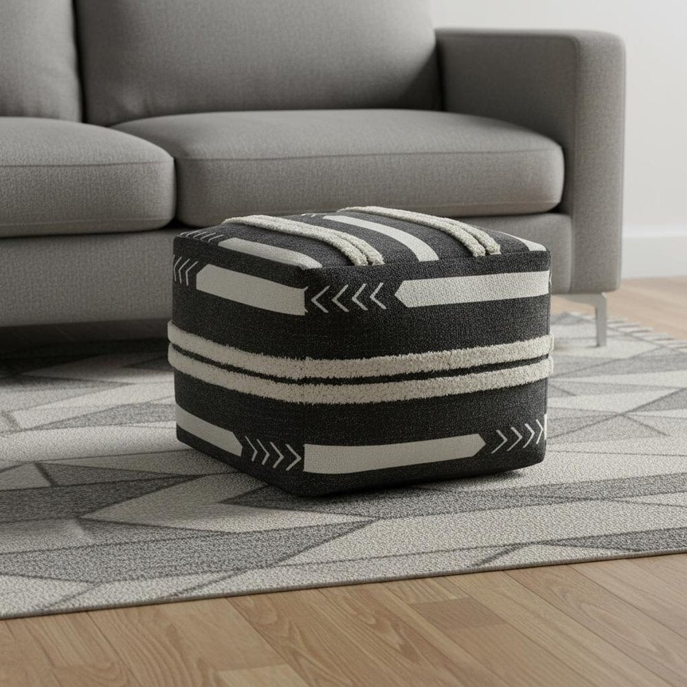 18" Black Cotton Geometric Pouf Ottoman