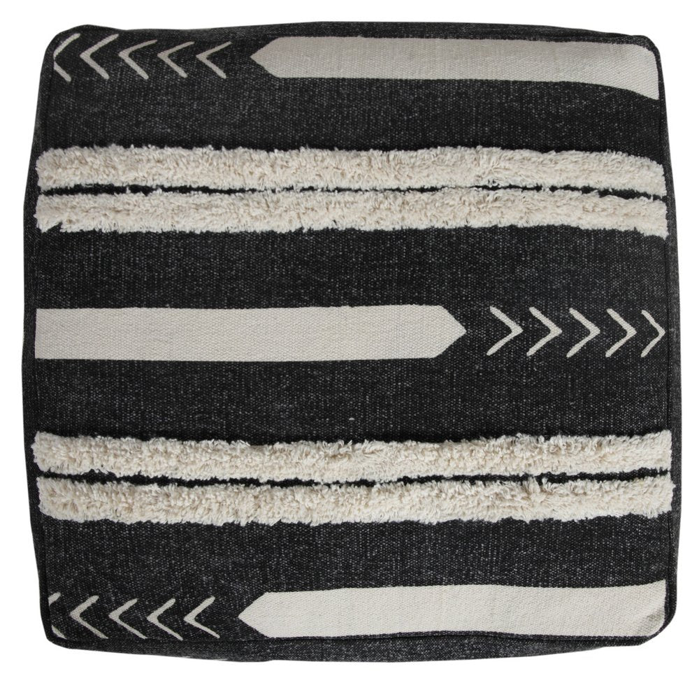 18" Black Cotton Geometric Pouf Ottoman