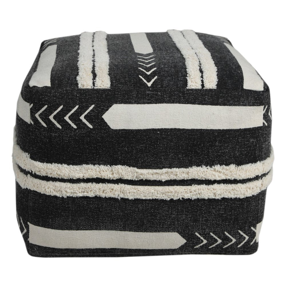 18" Black Cotton Geometric Pouf Ottoman
