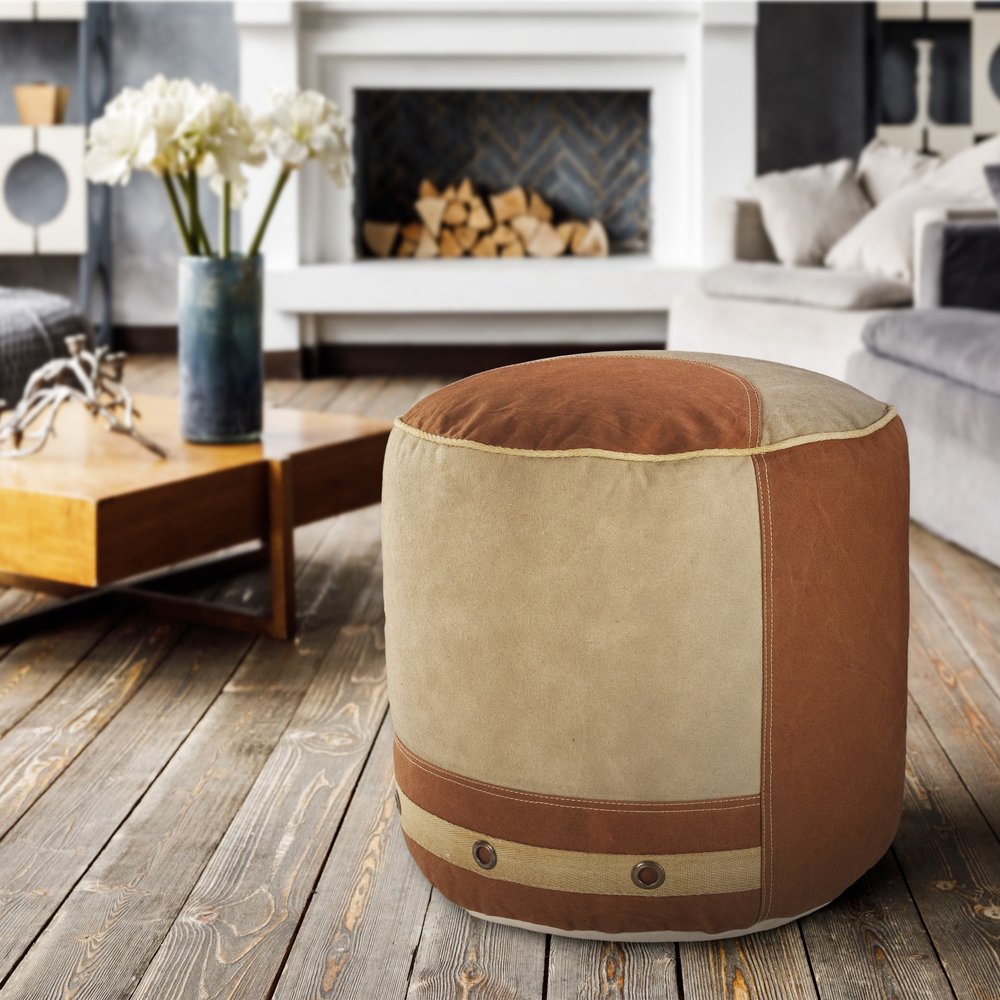 16" Tan Cotton Cylinder Striped Pouf Ottoman