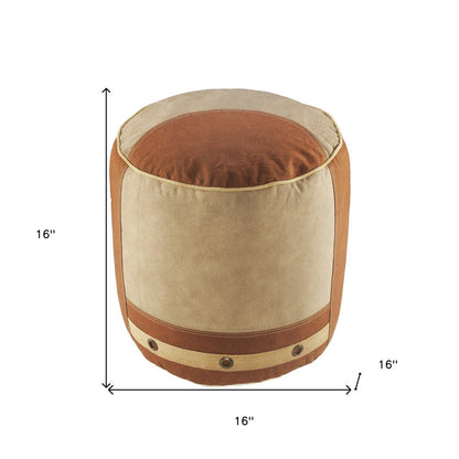 16" Tan Cotton Cylinder Striped Pouf Ottoman