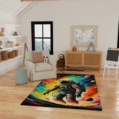 Multicolor astronaut rug on wood floor in a cozy kids' playroom with beige armchair, wicker storage, and white shelves.