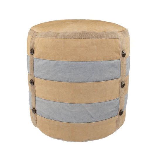 16" Tan Cotton Cylinder Striped Pouf Ottoman