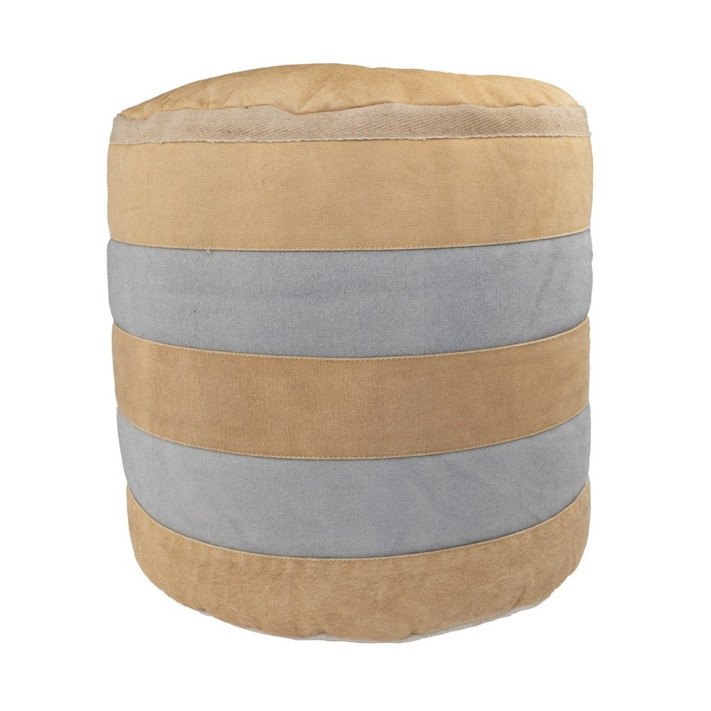 16" Tan Cotton Cylinder Striped Pouf Ottoman