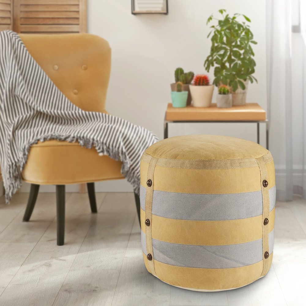 16" Tan Cotton Cylinder Striped Pouf Ottoman