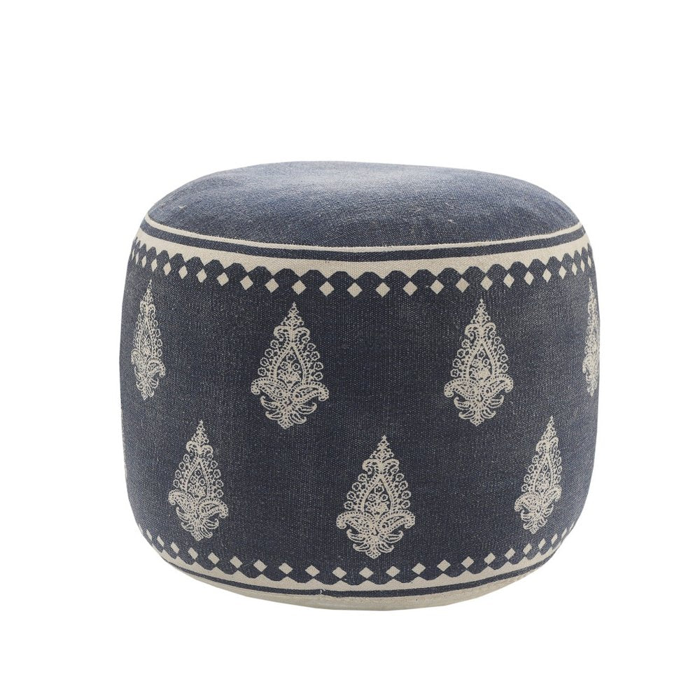 18" Blue Cotton Cylinder Paisley Pouf Ottoman