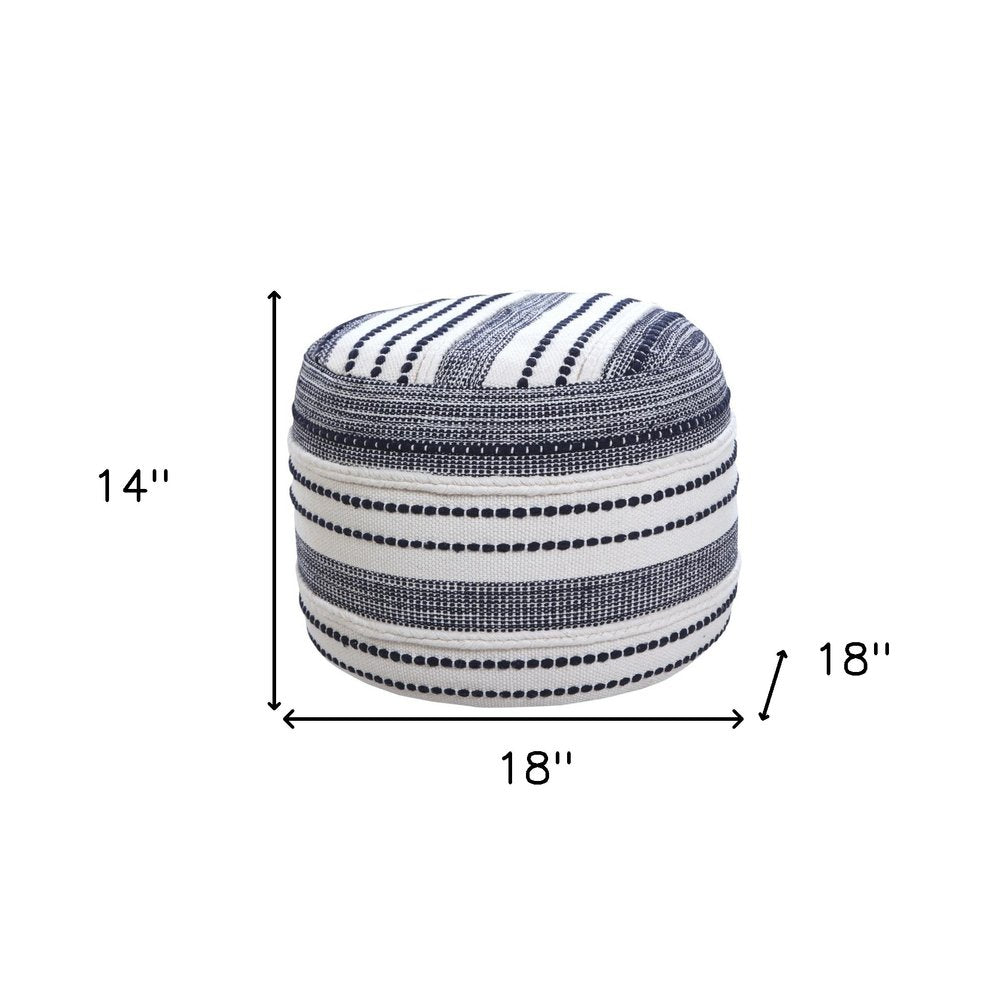 18" Blue Cotton Cylinder Striped Pouf Ottoman