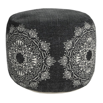 18" Black Cotton Cylinder Medallion Pouf Ottoman