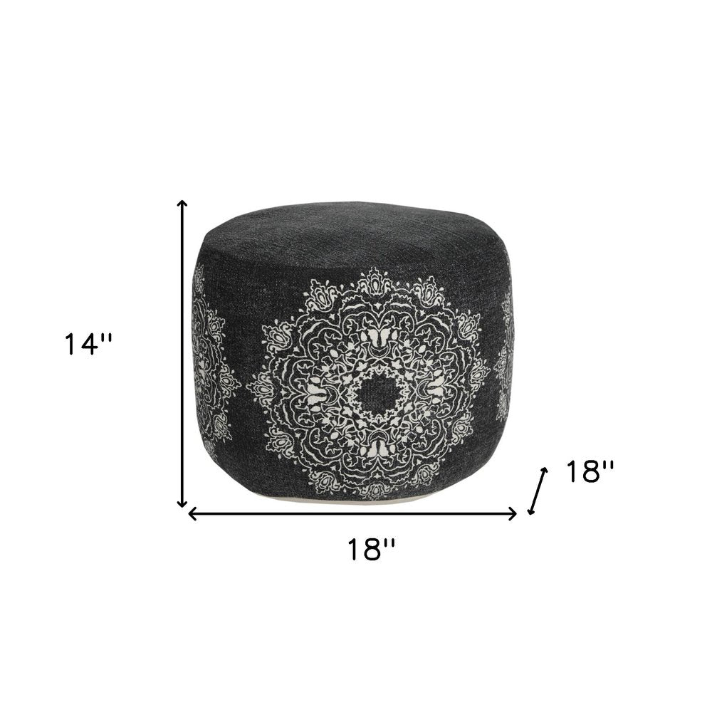 18" Black Cotton Cylinder Medallion Pouf Ottoman