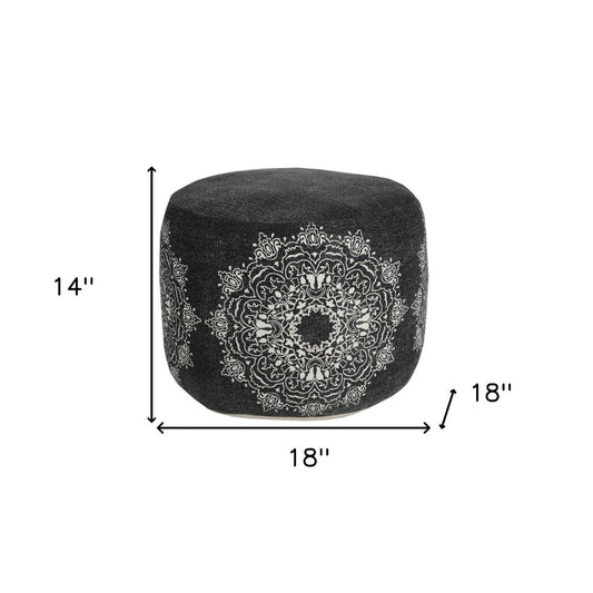 18" Black Cotton Cylinder Medallion Pouf Ottoman