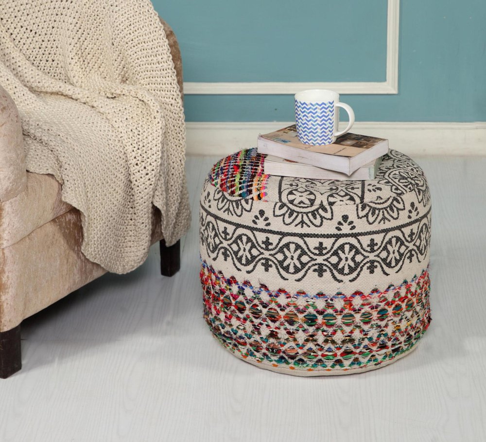 18" Rainbow and Gray Geometric Cylinder Pouf Ottoman