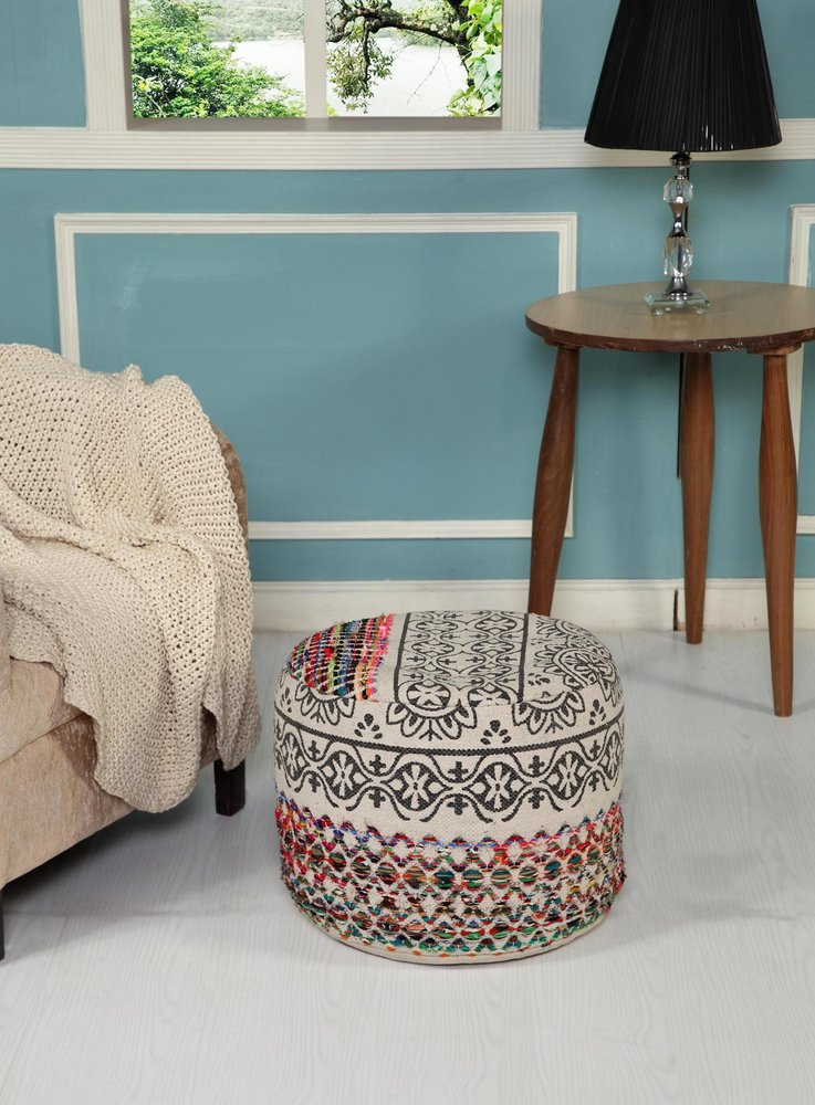 18" Rainbow and Gray Geometric Cylinder Pouf Ottoman