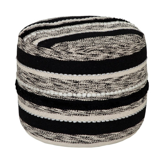 18" White Cotton Cylinder Striped Pouf Ottoman