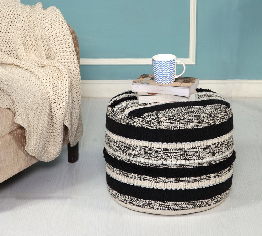 18" White Cotton Cylinder Striped Pouf Ottoman