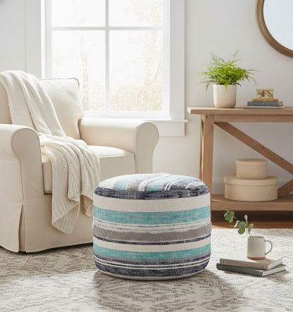 18" Blue Cotton Cylinder Striped Pouf Ottoman