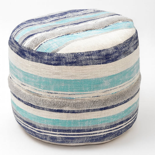 18" Blue Cotton Cylinder Striped Pouf Ottoman