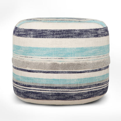 18" Blue Cotton Cylinder Striped Pouf Ottoman