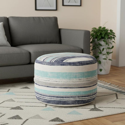 18" Blue Cotton Striped Cylinder Pouf Ottoman