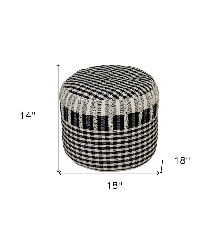 18" Black Cotton Cylinder Plaid Pouf Ottoman